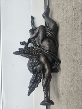 Heavenly Cherub/Angel Playing A Horn, German Gilt Cast Iron 1950's Era.